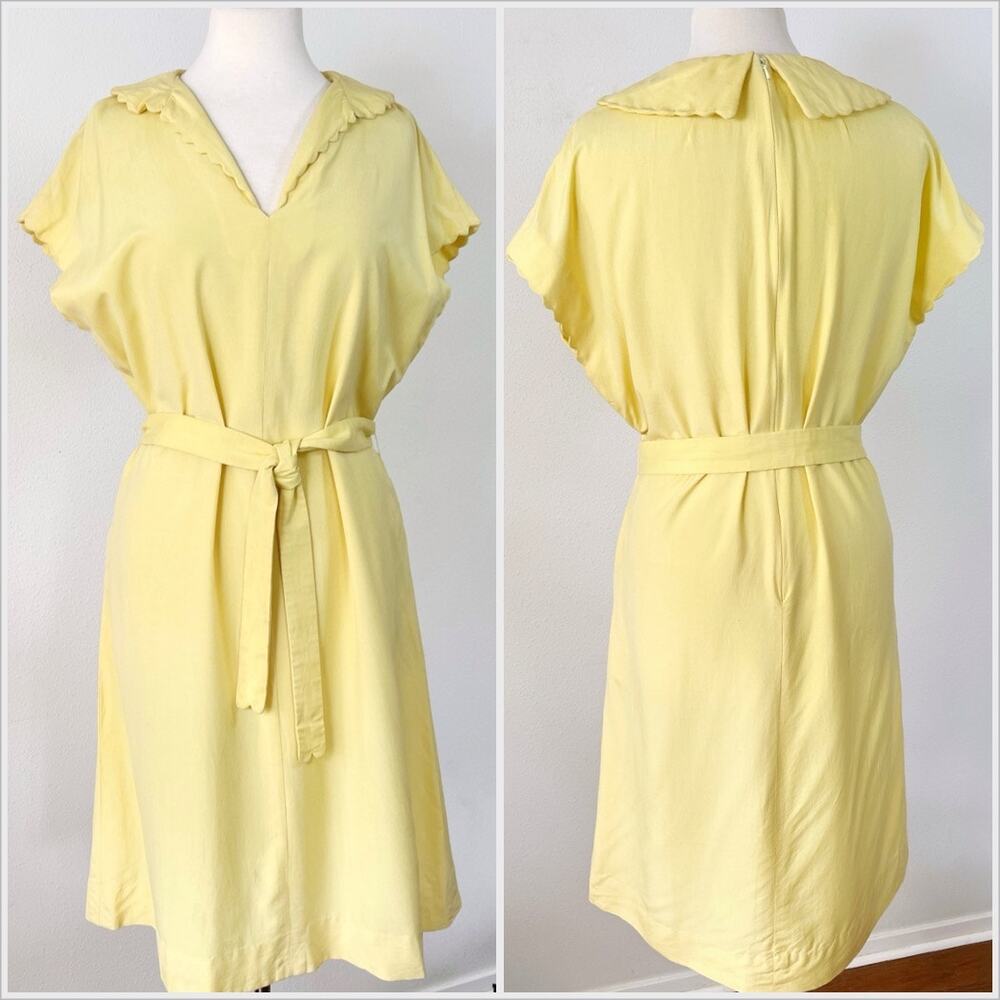 Vintage 70s Silk‎ Butter Yellow Sun Dress Tie Waist Midi // Size Large